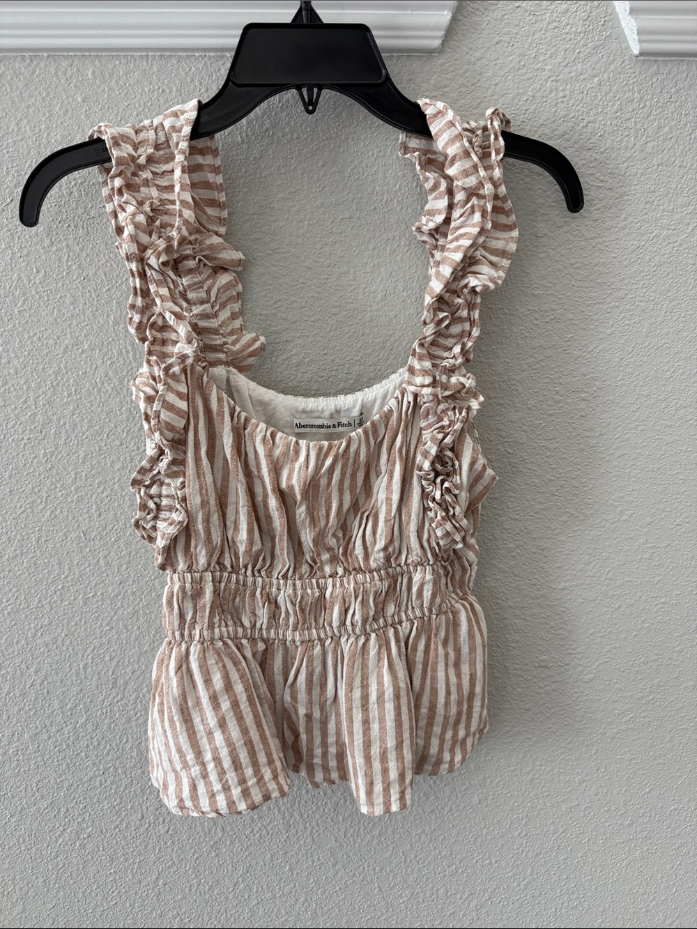 Abercrombie Women’s Beige & White Striped Ruffle Tank Top